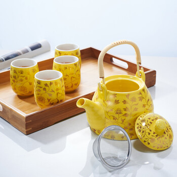 思喜900ml景德镇陶瓷提梁壶茶具 竹制茶托盘套装 黄金藤吉祥套组
