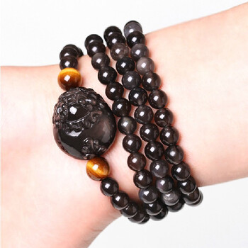 天然冰种黑曜石貔貅手链 有求必应佛珠108颗手