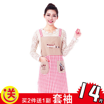 帛思绮 虎妈同款围裙韩版无袖时尚电脑绣花女围裙 长袖卡通反穿衣罩衣买2件送一副套袖 幸福树长袖围裙红格