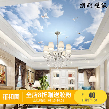 欧式天花板吊顶壁纸3d立体自粘猎豹白云棚顶房屋蓝天装饰自装墙贴(整墙纸牌吊顶射钉器v壁纸图片