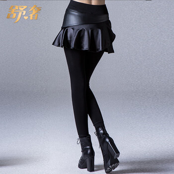 舒奢 2015秋冬加厚假两件打底裤女加绒裙裤弹力铅笔裤带绒外穿保暖紧身裤皮拼接小脚裤 37 黑色 小码