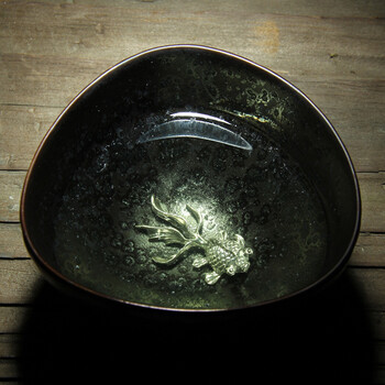 怀樽 李甲栈天目瓷油滴建盏茶杯茶盏陶瓷茶具手工银饰杯品茗杯主人杯 纯银镶嵌 三方盏 三方盏银鱼款