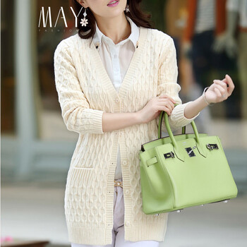 宽松<em>麻花</em>中长款针织<em>开衫</em>毛衣外套女<em>V领</em>显瘦带