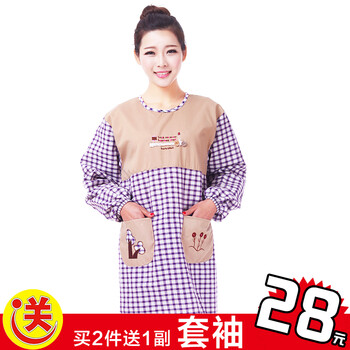 帛思绮 虎妈同款围裙韩版无袖时尚电脑绣花女围裙 长袖卡通反穿衣罩衣买2件送一副套袖 幸福树长袖围裙红格