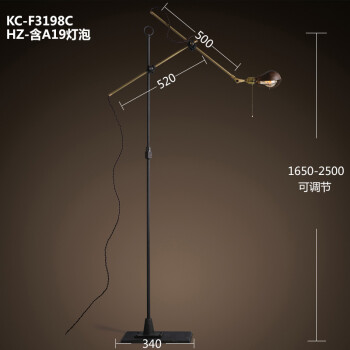 
                                        KC灯具 美式工业风LOFT创意铁艺复古长臂落地灯钓鱼落地灯 F3198C- 含A19灯泡                