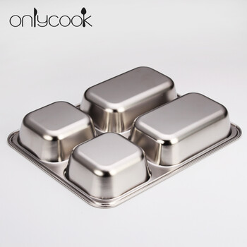 
                                        onlycook 加厚加深不锈钢分格饭盒 四格五格快餐盘带盖 食堂餐盒 四格餐盘带塑料盖                