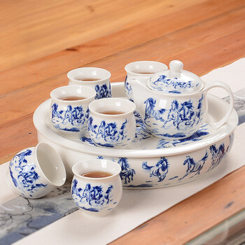 尚帝（shangdi）马到成功陶瓷大号茶盘整套双层隔热茶杯 茶壶带过滤 功夫茶具套装 彩盒装
