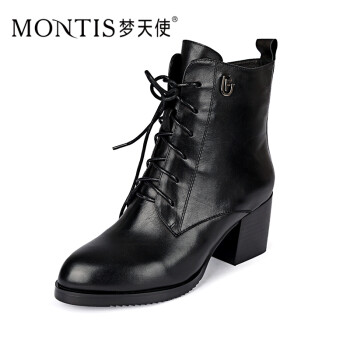 montis梦天使 女鞋2015冬季新款小牛皮正品绑带侧拉链时尚圆头粗跟4寸