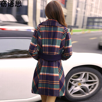 窃语思2015秋冬新款韩版时尚淑女装格子修身外套毛呢子大衣女720 红绿色格子 L