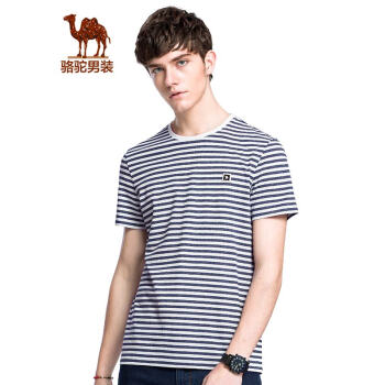 骆驼（CAMEL）男装 夏季圆领条纹T恤 男青年休闲微弹短袖上衣 灰蓝 XL