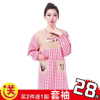 帛思绮 虎妈同款围裙韩版无袖时尚电脑绣花女围裙 长袖卡通反穿衣罩衣买2件送一副套袖 幸福树长袖围裙红格