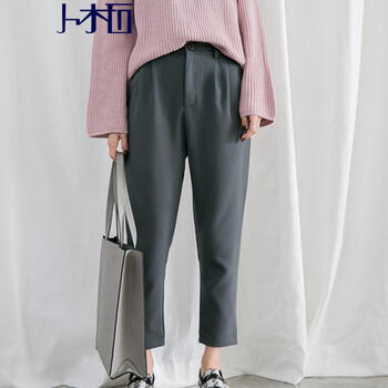 卜柘2015新款韩版高腰休闲裤西装裤西裤小脚裤长裤女XJB238#9358 杏色 S