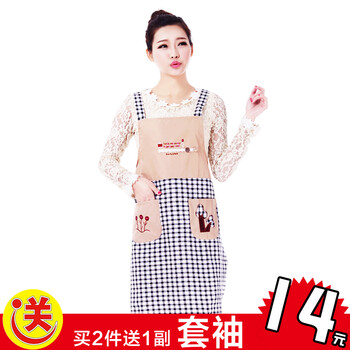 帛思绮 虎妈同款围裙韩版无袖时尚电脑绣花女围裙 长袖卡通反穿衣罩衣买2件送一副套袖 幸福树长袖围裙红格