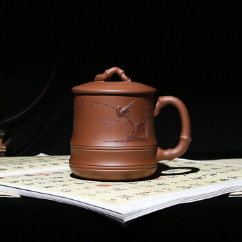 紫砂杯子宜兴全手工茶杯茶壶茶具紫砂壶杯功夫原矿紫砂盖杯名家  泥绘竹韵 珍藏