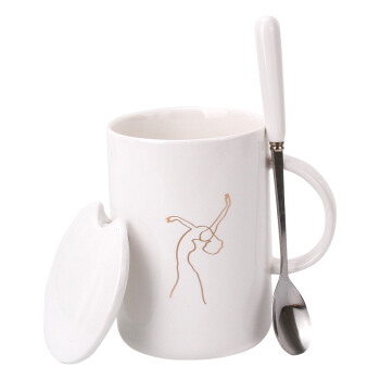 贝瑟斯 创意马克杯咖啡杯陶瓷杯简约有盖水杯情侣杯子带盖带勺牛奶杯办公室杯子女 白色