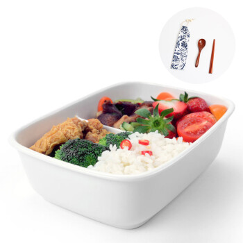 盖冰箱保鲜盒日式学生便当盒套装送木质餐具 900ml白色长方形密封饭盒