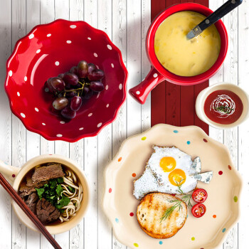 西芙Siv.Heike 陶瓷可爱早餐具套装 布丁沙拉碗盘烘焙工具套装 波点时尚 红色 5件套