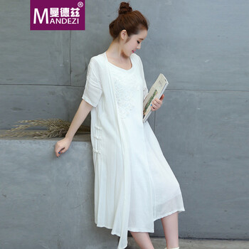 曼德兹-新款文艺复古民族风两件套棉麻连衣裙