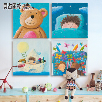 贝占风格 Goodnight baby 儿童房装饰画现代卧室床头墙画挂画无框画油画 撑伞 60*60