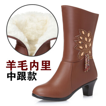 爱森尚2018新款真皮中筒靴女士皮靴高跟马靴中跟粗跟棉靴女靴子冬季加