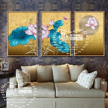 雅创  纯手绘东南亚泰式金箔画客厅装饰画酒店油画荷花壁画有框画 组合 60*80CMX3拼