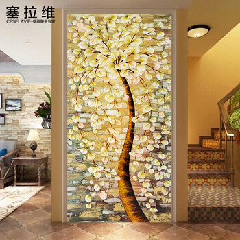 塞拉维金色发财树玄关墙纸定制中式客厅进门墙