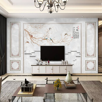 电视背景墙壁画中式风格电视墙方框图边框图客厅无缝壁画玄关卧室定制