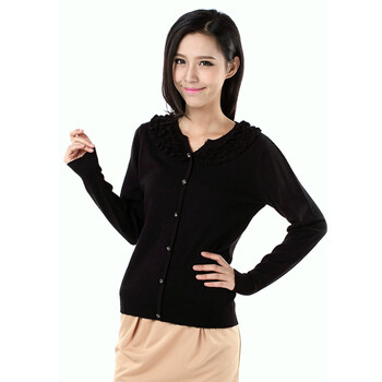 蒙圣绒特 <em>秋冬新款</em> 女士羊绒<em>开衫 短款</em>木耳边针