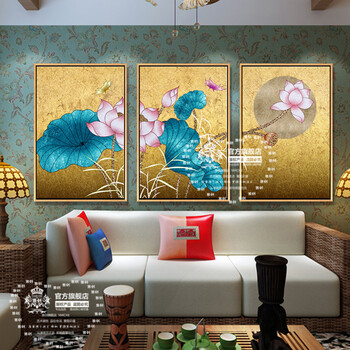 雅创  纯手绘东南亚泰式金箔画客厅装饰画酒店油画荷花壁画有框画 组合 60*80CMX3拼