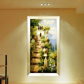 
                                        资深画师纯手绘油画 欧式玄关装饰画竖版画风景画地中海海景家居饰品墙画挂画走廊壁画过道壁挂 银色边框 70*90厘米                