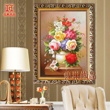
                                        煌巢尚品美式客厅装饰画手绘花卉油画玄关过道竖版壁画欧式沙发背景墙挂画餐厅古典有框画家装软饰 争奇斗艳 实木框长80x高120cm                