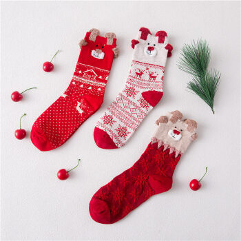 三双礼盒装袜子女中筒袜秋冬圣诞袜条纹卡通厚款保暖棉袜地板1 麋鹿款