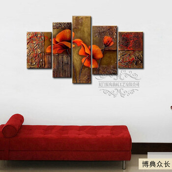 
                                        纯手绘油画客厅沙发背景墙装饰画无框画壁画挂画墙画五连时尚 50年不褪色 净总长1.55米                