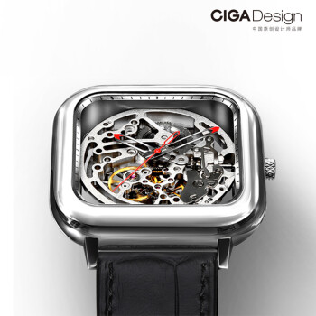 CIGA Design男士手表镂空机械腕表 真皮带自动机械表商务男表简约 D002-3高亮银芯 直径41mm