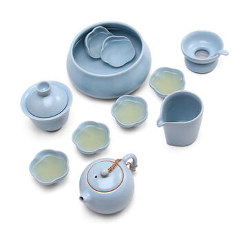 
                                        茗丰堂  台湾原矿汝窑茶具套装可开片可养蝉翼纹整套功夫茶具礼盒装礼品款 西施壶天青色梅花杯                