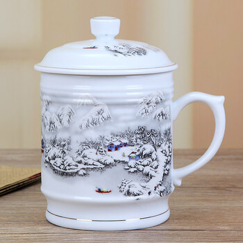 
                                                                                九楼阁 景德镇大容量陶瓷茶杯男办公带盖釉中彩白瓷水杯大号  雪景--大号 不带礼盒包装                
