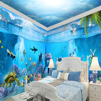 科卡3D立体海豚海洋动物背景墙纸卧室吊顶海