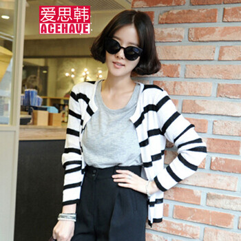 韩 2014秋季韩版气质优雅条纹短款袖<em>长开衫</em> <em>女</em>