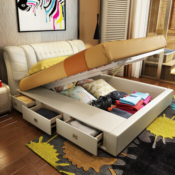 富莲娜 床 真皮床 双人床 皮床 软床1.8米卧室家