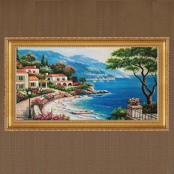 水竞地中海油画手绘欧式客厅风景山水画壁画沙发背景墙挂画 仿古金实木画框 75*150