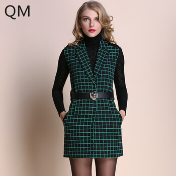 浅末<em>秋冬</em>时尚百搭女<em>连衣裙西装</em>领格纹<em>无袖</em>品牌