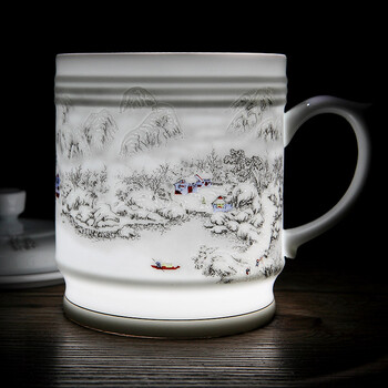 
                                                                                九楼阁 景德镇大容量陶瓷茶杯男办公带盖釉中彩白瓷水杯大号  雪景--大号 不带礼盒包装                
