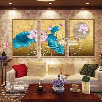 雅创  纯手绘东南亚泰式金箔画客厅装饰画酒店油画荷花壁画有框画 组合 60*80CMX3拼