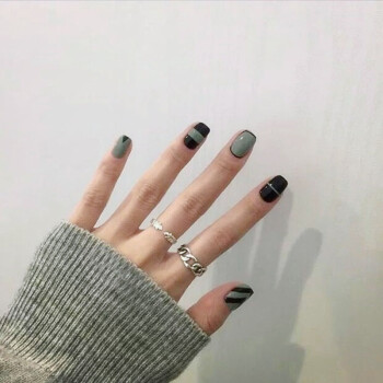 wtb流行短款成品假指甲 潮范绿色黑包法式黑 灰 美甲贴片 假指甲24片