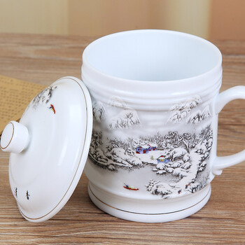 
                                                                                九楼阁 景德镇大容量陶瓷茶杯男办公带盖釉中彩白瓷水杯大号  雪景--大号 不带礼盒包装                