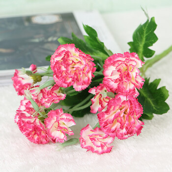 新品康乃馨摆件花艺客厅装饰绢花假花仿真花束塑料藤编花盆花瓶 浅玫