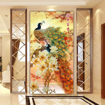 
                                        皇家彼岸十字绣印花新款客厅大画玉兰花开富贵孔雀开屏图牡丹花竖版玄关十字绣套件 中格丝线印花70*124                