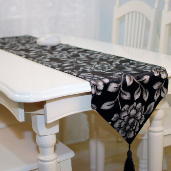 子至玹和家居精品现代桌旗 黑色牡丹 绒面塑胶印花工艺 罩件 桌布 黑色 200X33