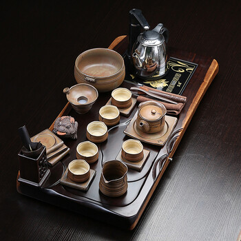 
                                        鑫艺缘 整块黑檀木二合一实木茶盘 茶道紫砂汝窑功夫茶具套装 整套功夫茶托茶台哥窑茶具 套装一 尊者铁锈陶瓷茶具套装                