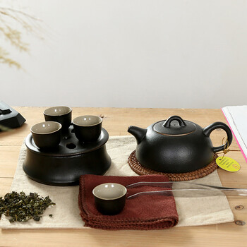 
                                        后瓷 手工黑陶粗陶旅行茶具 陶瓷功夫茶具 礼盒茶具套装 便携式办公茶壶茶杯套装                